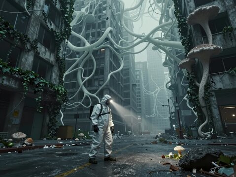 Futuristic Urban Decay With Bioluminescent Mushrooms And Scientist In Hazmat Suit Exploring Overgrown City Streets