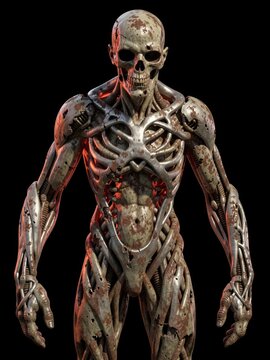 Rusty skeletal humanoid figure with exposed internal organs glowing red against black background
