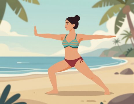 Woman practicing yoga pose on tropical beach wearing colorful bikini under sunny sky palm trees ocean waves