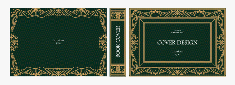 Elegant horizontal vintage book cover design with ornate Art Deco frame, geometric decorative ornaments, and luxurious retro style for publications, albums, posters, and premium layouts