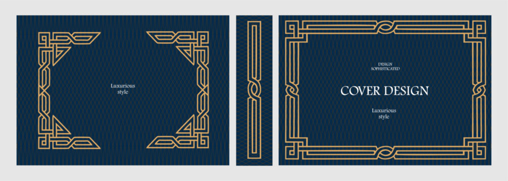 Elegant horizontal vintage book cover design with ornate Art Deco frame, geometric decorative ornaments, and luxurious retro style for publications, albums, posters, and premium layouts