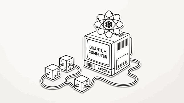 Quantum computing concept with a computer and connected cubes and atom symbol on top