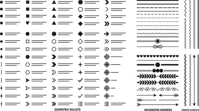 Collection of various black geometric bullet points decorative dividers and border elements for graphic design projects
