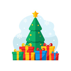 Naklejka premium A festive evergreen tree stands surrounded by colorful wrapped gift boxes
