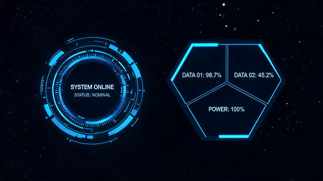 A futuristic digital interface showing an online system status, data metrics, and power level against a starry space background.