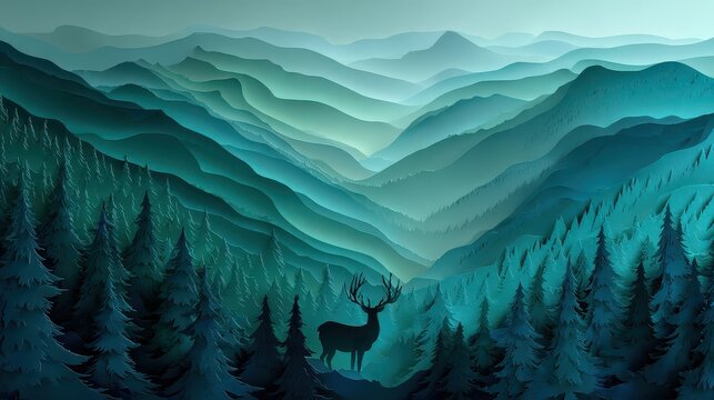 deer standing in a forested mountain landscape with misty hills