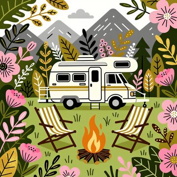 White camper van sits in nature park with mountains behind. Fire burns in front of two empty folding chairs in green forest field. Wild floral plants surround campsite area. Illustration shows road