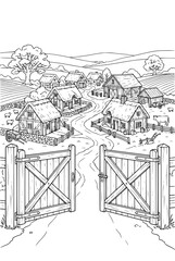 Fototapeta premium Medieval Village Coloring Page with Farm Houses and Open Gate