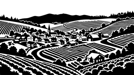 Fototapeta premium Stylized linocut illustration of a rural village landscape with rolling hills and vineyards