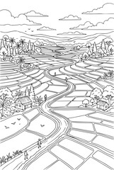Obraz premium Terraced Rice Field Landscape Line Art Coloring Page