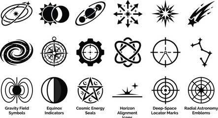 Set of sixteen black vector astronomy and cosmic symbols including planetary orbits, stars, galaxies, compasses, and alignment marks © Joyanti