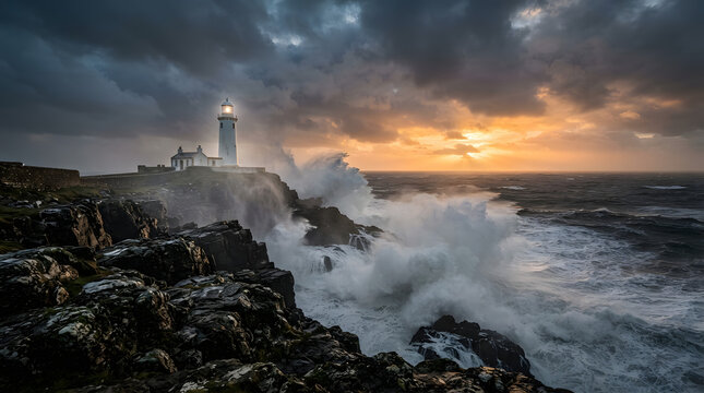 Tiumpan head lighthouse against crashing waves, sunset clouds, stormy weather on rugged rocky coastline. Suitable for travel, landscape, weatherthemed designs.