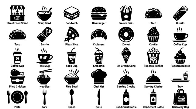 Restaurant Menu Food Icon Collection with Street Food and Beverage Symbols