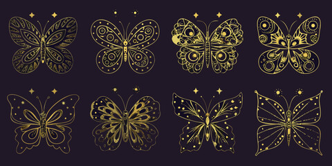 Golden Butterfly Illustrations Intricate Vector Ornament Set Against Dark Background © Nova