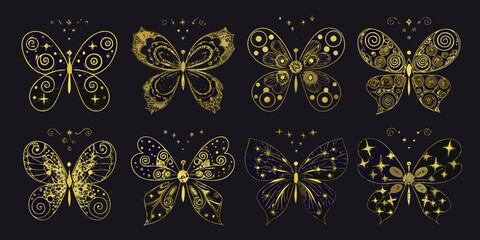 Golden butterflies vector illustration set against a dark background © Nova