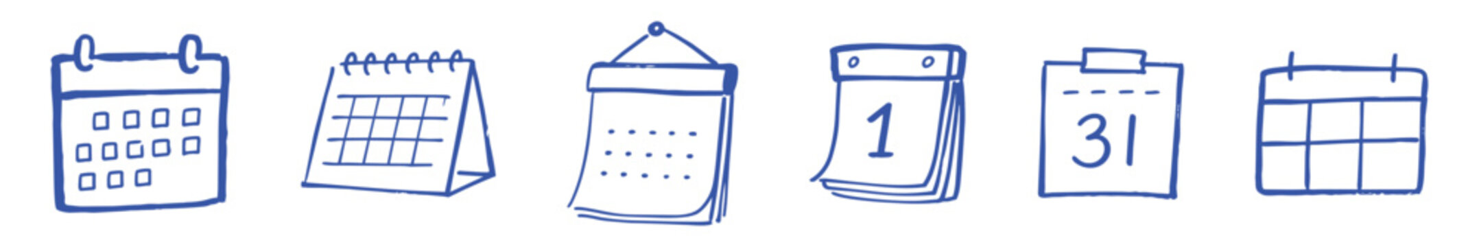 Hand drawn calendar doodle icon vector set, loose ink sketchy date and schedule symbols in various styles and expressive forms. Time management and planning concept illustration graphic collection