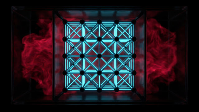 赤い熱力学ノイズの混沌から孤立しシアンに発光する量子多体スカーの抽象CG画像