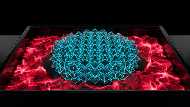 赤い熱力学ノイズの混沌から孤立しシアンに発光する量子多体スカーの抽象CG画像