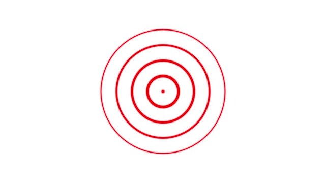 digital radio wave animation on white background, red glowing circles spreading in rhythmic pattern, electromagnetic signal flow. frequency wave visualization, alpha channel seamless loop.