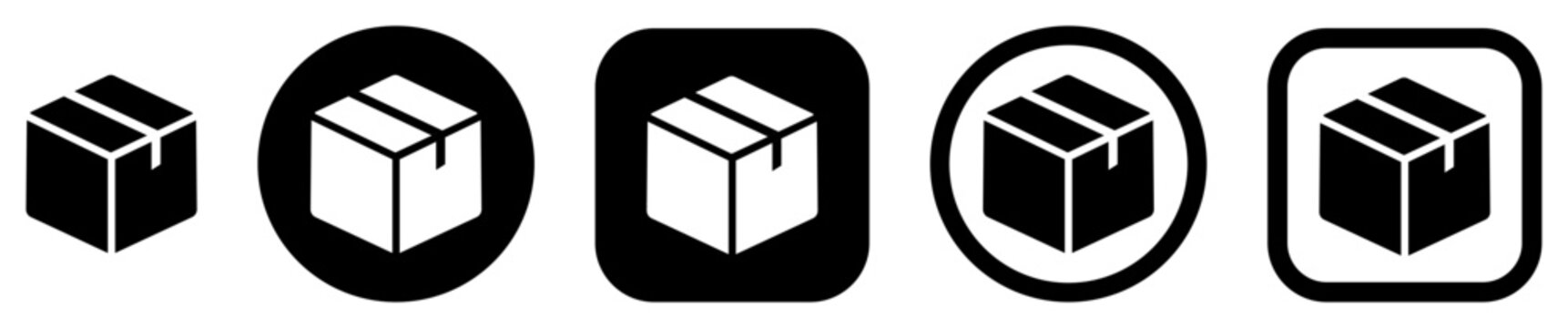 Package box icon set with parcel, software package and module symbols in button styles. Package management icons for app and web interface, UI controls and navigation