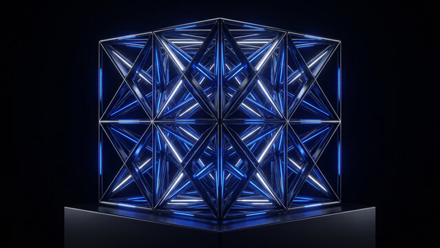 漆黒の空間でコバルトブルーと白に発光する時間結晶の3D格子構造を表した抽象CG画像