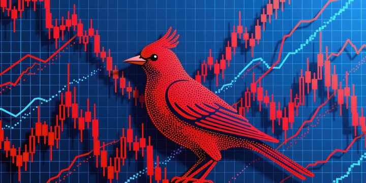 Red cardinal sits on fluctuating stock market graph background. Shows financial market trend analysis, economic data, trading charts, and investment risks.