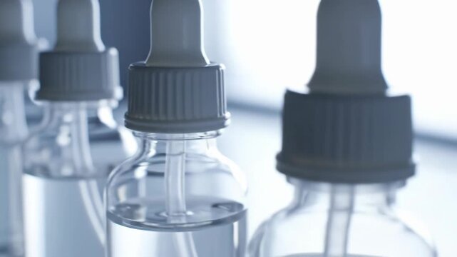 Close-up of multiple clear glass pharmaceutical dropper bottles filled with sterile liquid medicine arranged in a row in a bright laboratory or clinical facility.