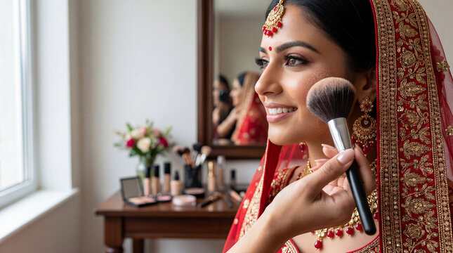 Indian bride applying makeup with a brush during wedding preparations
