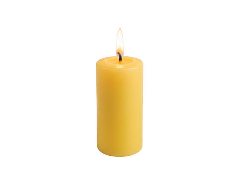 Yellow pillar candle with a burning flame isolated on transparent background