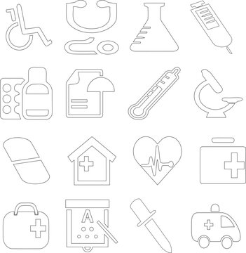 Medical Outline Icons Set with Healthcare, Hospital, First Aid and Medicine Line Vector Collection