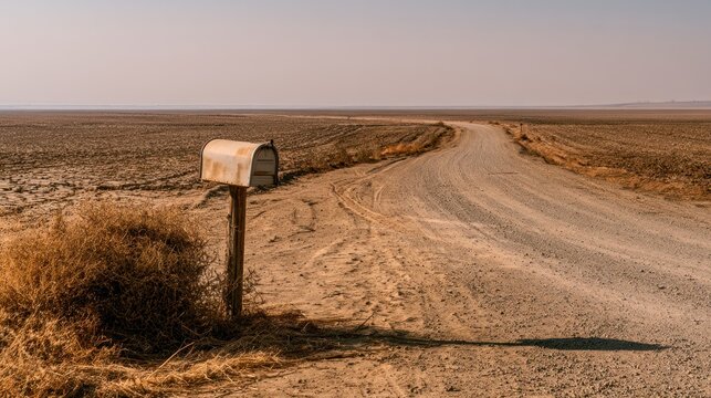 Isolated mailbox on a dusty dirt road in a dry landscape