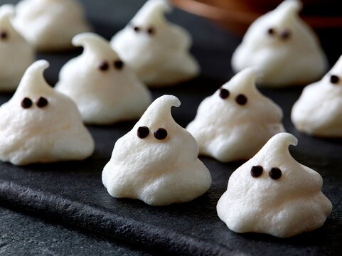 Meringue ghost treats arranged on a dark board, featuring chocolate chip eyes, perfect for Halloween celebrations and festive gatherings
