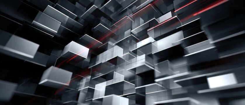Abstract 3 d grid of cubes with red light streaks