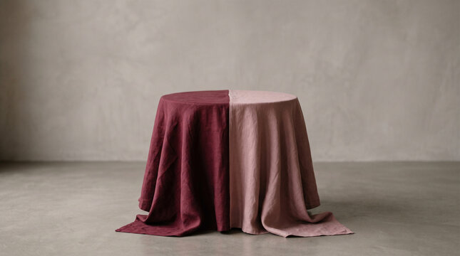 Contemporary burgundy red and dusty pink split linen tablecloth draped over round presentation table for luxury cosmetic product mockup in elegant studio setting