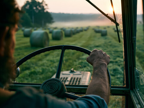 A close-up point-of-view perspective of a farmer driving a vintage tractor through a field with hay bales at sunset, evoking rustic agricultural life.