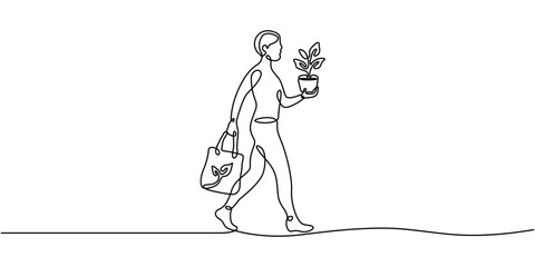 Fototapeta premium Continuous Line Drawing Of Woman Walking With Eco Tote Bag And Potted Plant Concept