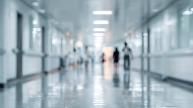 Blurred hospital hallway with people walking
