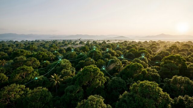 Aerial view of tropical rainforest with green data pathways - Suitable for global climate monitoring, forest conservation, or eco-tech logistics.