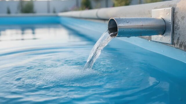 Tranquil clear water flowing gently from a metal pipe into a serene natural pool