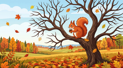 Vector Illustration of a Cute Red Squirrel Holding an Acorn on a Bare Tree in an Autumn Landscape © Dian