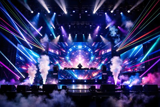 futuristic concert stage with vibrant neon lighting and immersive music festival atmosphere