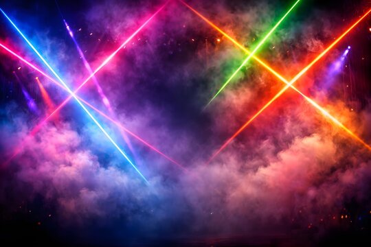 colorful neon laser lights with smoke abstract concert stage background