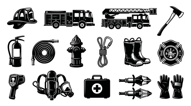 Firefighter Equipment Set Black  White Line Art Illustration - Emergency Service Tools and Gear Collection