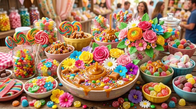 Colorful candy buffet sweet treats display.