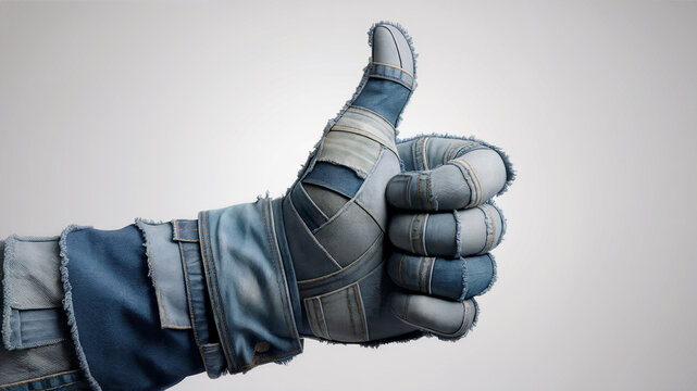 A 3D render showcasing a large thumb pointing upwards, meticulously constructed from a patchwork of faded, crumpled denim jean hems. The thumb is sharply focused against a stark white background
