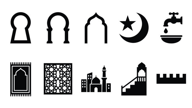 Islamic architectural and ritual icons featuring prayer mat and mosque symbols.