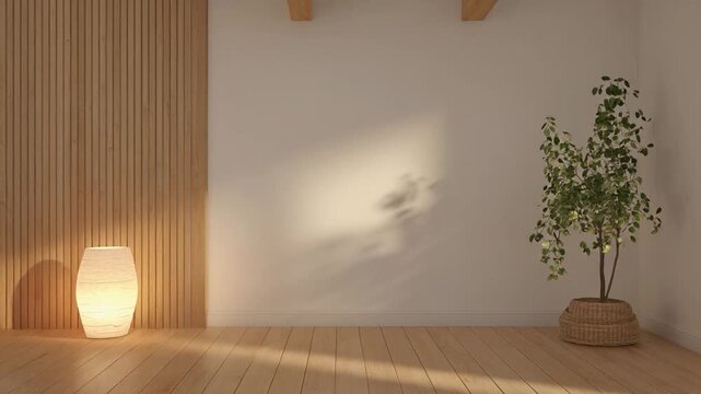 Minimalist Japandi Living Room Mockup with Wooden Panels and Potted Green Plant