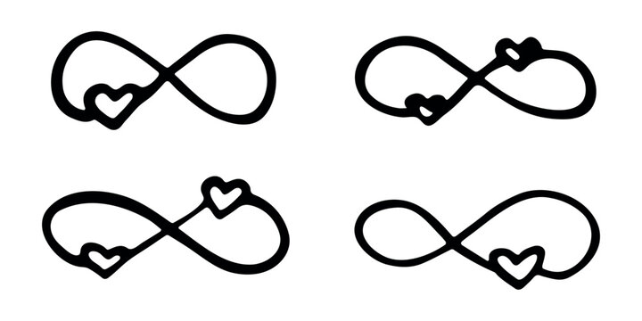 Set of hand drawn infinity sign with heart Eternal limitless unlimited infinite forever symbol Cycle endless life concept doodle For design print logo tattoo