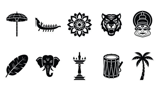 Kerala cultural icons featuring elephant tiger mask boat and tropical palm leaf elements.