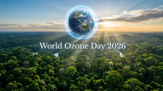 World Ozone Day 2026 banner poster Rainforest canopy beneath protected Earth for ozone awareness campaign